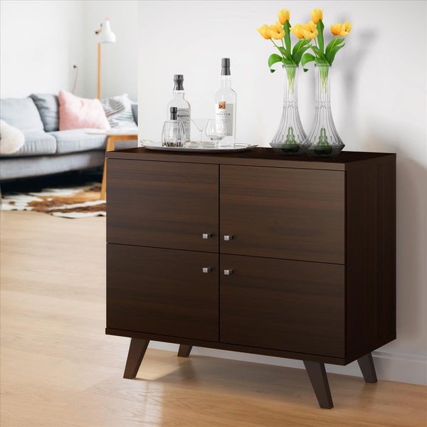 THE URBAN PORT UPT-242347 36 INCH WOODEN MULTIPURPOSE STORAGE CABINET WITH 4 DOORS AND ANGLED LEGS - DARK BROWN