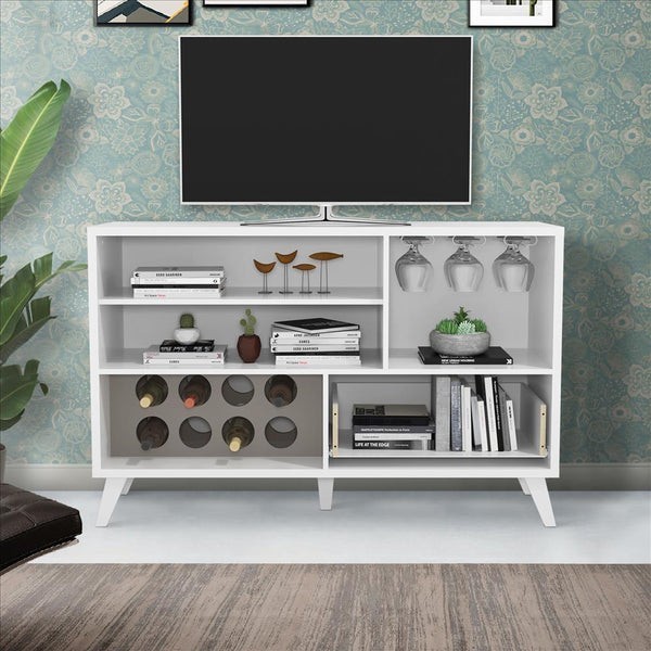 THE URBAN PORT UPT-242348 54 INCH 2 DOOR WOODEN TV STAND WITH WINE RACK AND 1 DRAWER - WHITE AND GRAY