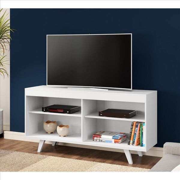 THE URBAN PORT UPT-242349 58 INCH WOODEN TV STAND WITH 4 OPEN COMPARTMENTS AND ANGLED LEGS - WHITE