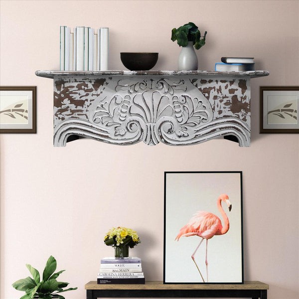 THE URBAN PORT UPT-242448 28 INCH WOODEN FLOATING WALL SHELF WITH ENGRAVED FLORAL DETAILS - ANTIQUE WHITE