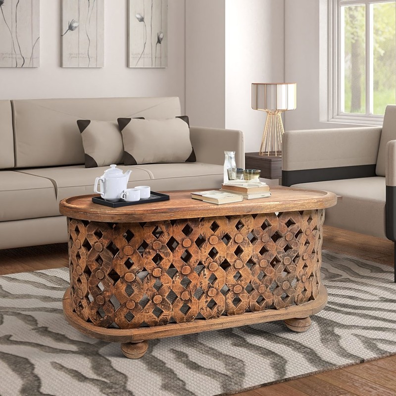 THE URBAN PORT UPT-242449 36 INCH OVAL FARMHOUSE COFFEE TABLE WITH INTRICATE CUT OUT DESIGN - ANTIQUE BROWN