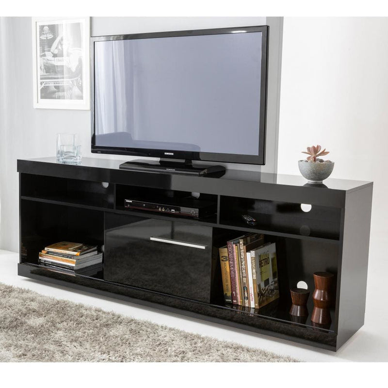 THE URBAN PORT UPT-242475 70 3/4 INCH WOODEN TV STAND WITH OPEN COMPARTMENTS AND SLIDING DOOR - BLACK