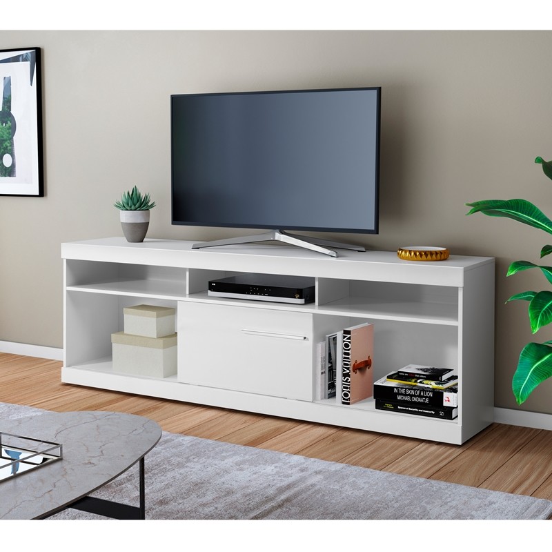 THE URBAN PORT UPT-242476 70 INCH WOODEN TV STAND WITH OPEN COMPARTMENTS AND SLIDING DOOR - WHITE