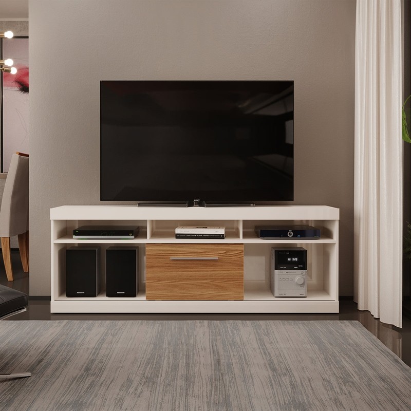 THE URBAN PORT UPT-242477 70 3/4 INCH TV STAND WITH OPEN COMPARTMENTS AND SLIDING DOOR - OFF WHITE AND OAK