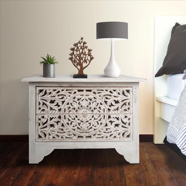 THE URBAN PORT UPT-248138 24 INCH WOODEN NIGHTSTAND WITH 2 DRAWERS AND FLORAL CUT OUT DESIGN - ANTIQUE WHITE