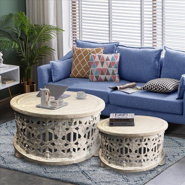 THE URBAN PORT UPT-248139 2 PIECE WOODEN ROUND COFFEE TABLE SET WITH FLORAL CUT OUT DESIGN - ANTIQUE WHITE