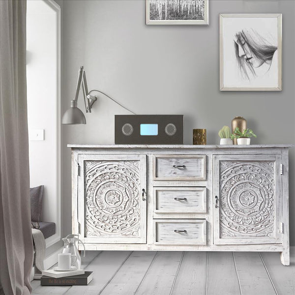 THE URBAN PORT UPT-248142 64 INCH FARMHOUSE SIDEBOARD WITH 2 DOORS AND 3 DRAWERS - ANTIQUE WHITE