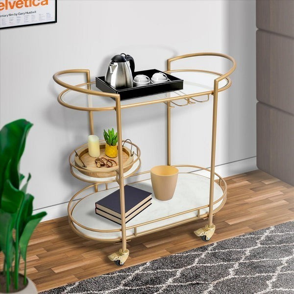 THE URBAN PORT UPT-250429 30 INCH 3 TIER ROLLING CART WITH TUBULAR METAL FRAME AND MARBLE SHELVES - GOLD