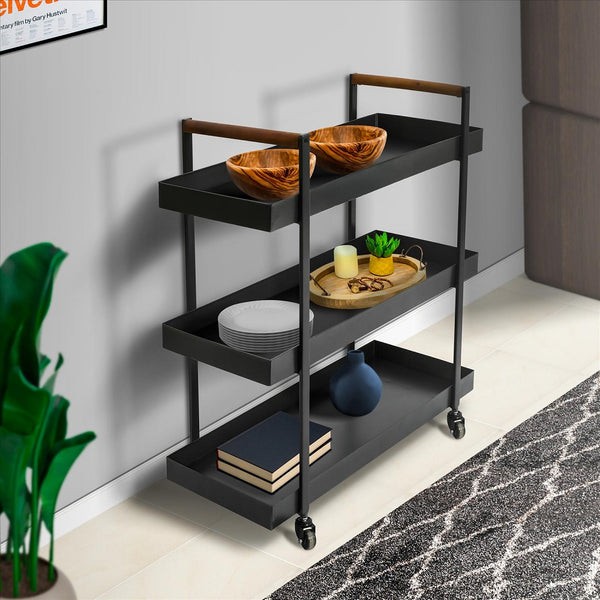 THE URBAN PORT UPT-250430 26 INCH 3 TIER ROLLING CART WITH STORAGE AND METAL FRAME SUPPORT - BLACK