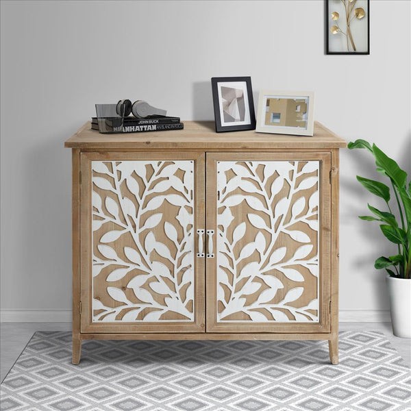 THE URBAN PORT UPT-250433 34 INCH WOODEN STORAGE CABINET WITH 2 DOORS AND FLORAL MIRROR TRIM - BROWN