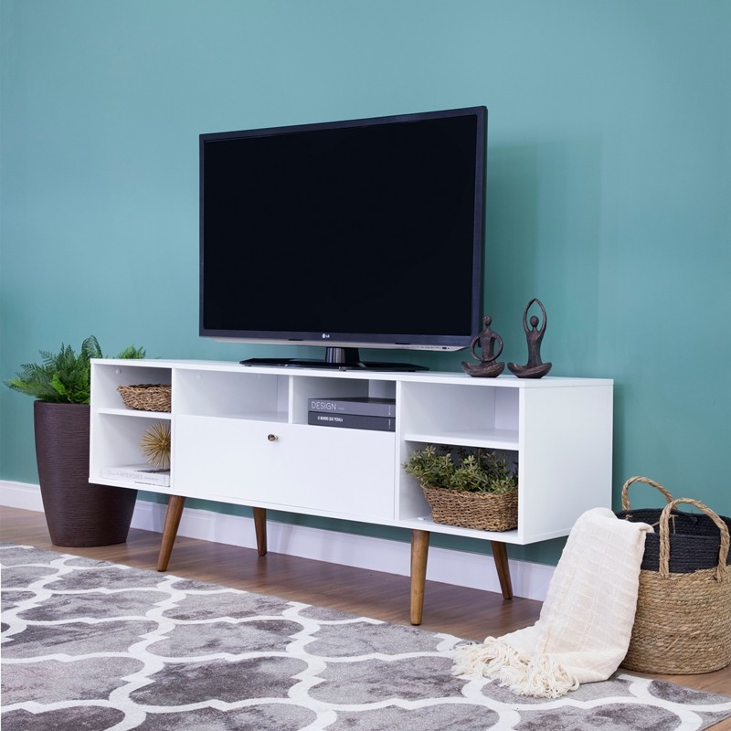 THE URBAN PORT UPT-262093 63 INCH WOODEN ENTERTAINMENT TV STAND WITH DROP DOWN STORAGE - WHITE AND BROWN