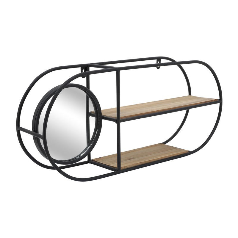 SAGEBROOK HOME 16924-01 METAL AND WOOD OVAL WALL SHELF WITH MIRROR - BLACK