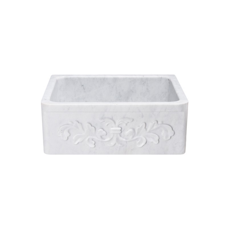 ALLSTONE GROUP KF242010-F2-CW 24 INCH SINGLE BOWL CARRARA WHITE MARBLE FLORAL CARVING FRONT FARMHOUSE KITCHEN SINK - HONED