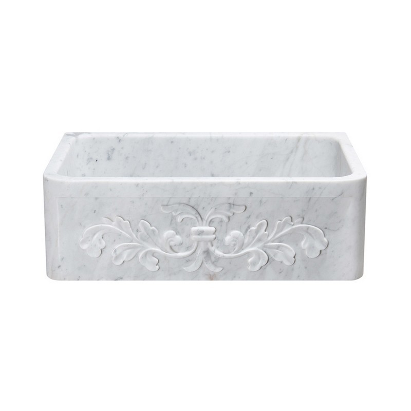 ALLSTONE GROUP KF302010SB-F2-CW 30 INCH SINGLE BOWL CARRARA WHITE MARBLE FLORAL CARVING FRONT FARMHOUSE KITCHEN SINK - HONED