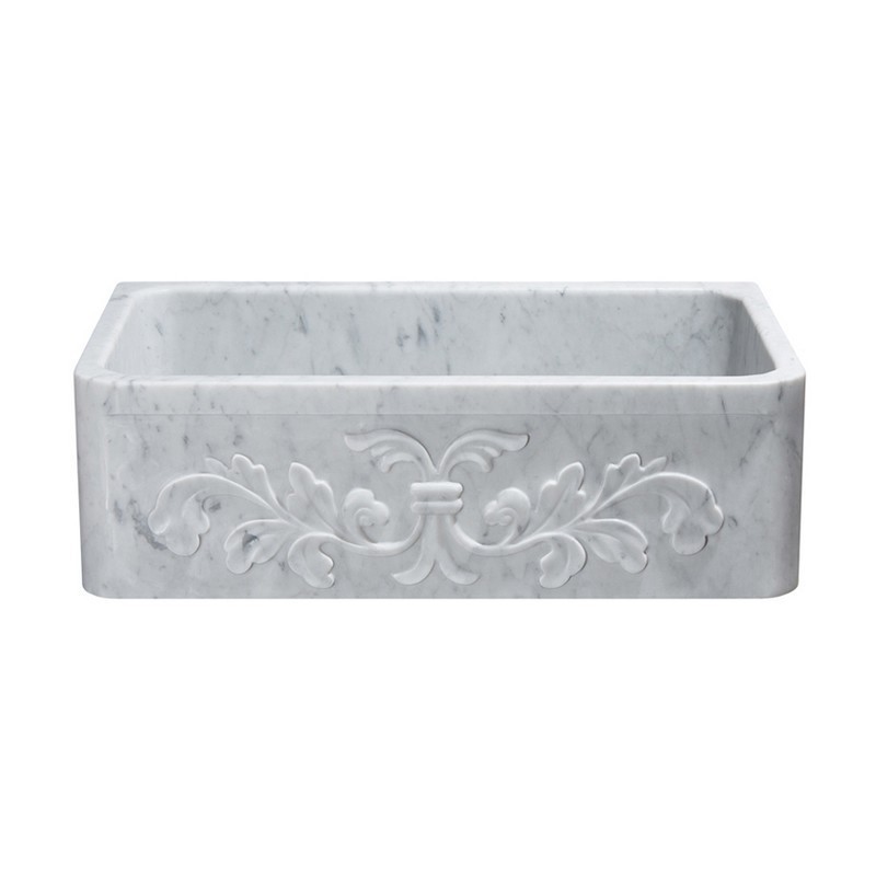 ALLSTONE GROUP KF332010SB-F2-CW 33 INCH SINGLE BOWL CARRARA WHITE MARBLE FLORAL CARVING FRONT FARMHOUSE KITCHEN SINK - HONED