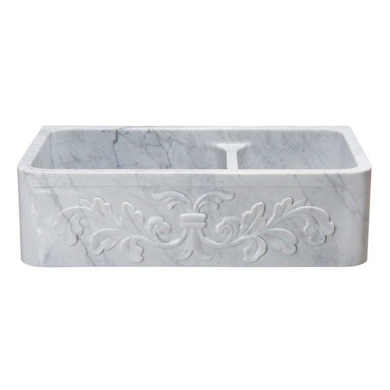 ALLSTONE GROUP KF362010DB-F2-6040-CW 36 INCH DOUBLE BOWL CARRARA WHITE MARBLE FLORAL CARVING FRONT FARMHOUSE KITCHEN SINK - HONED