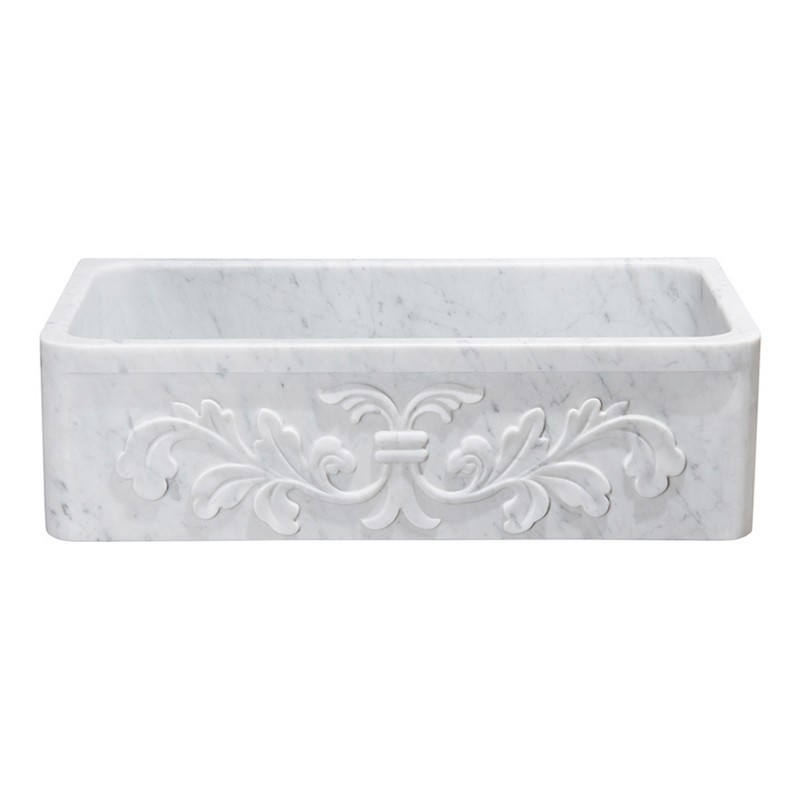 ALLSTONE GROUP KF362010SB-F2-CW 36 INCH SINGLE BOWL CARRARA WHITE MARBLE FLORAL CARVING FRONT FARMHOUSE KITCHEN SINK - HONED