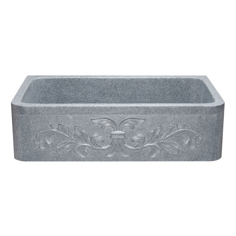 ALLSTONE GROUP KF362010SB-F2-M 36 INCH SINGLE BOWL MERCURY GRANITE FLORAL CARVING FRONT FARMHOUSE KITCHEN SINK - HONED