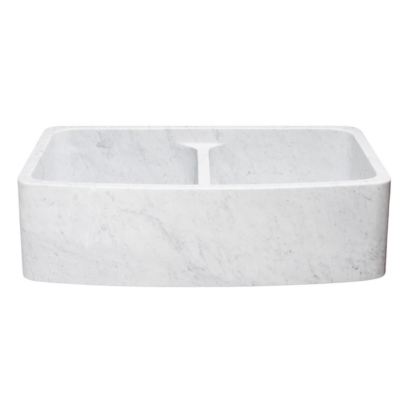 ALLSTONE GROUP KFCF362210DB-NLP-5050-CW 36 INCH DOUBLE BOWL CARRARA WHITE MARBLE CURVED FRONT FARMHOUSE KITCHEN SINK - HONED
