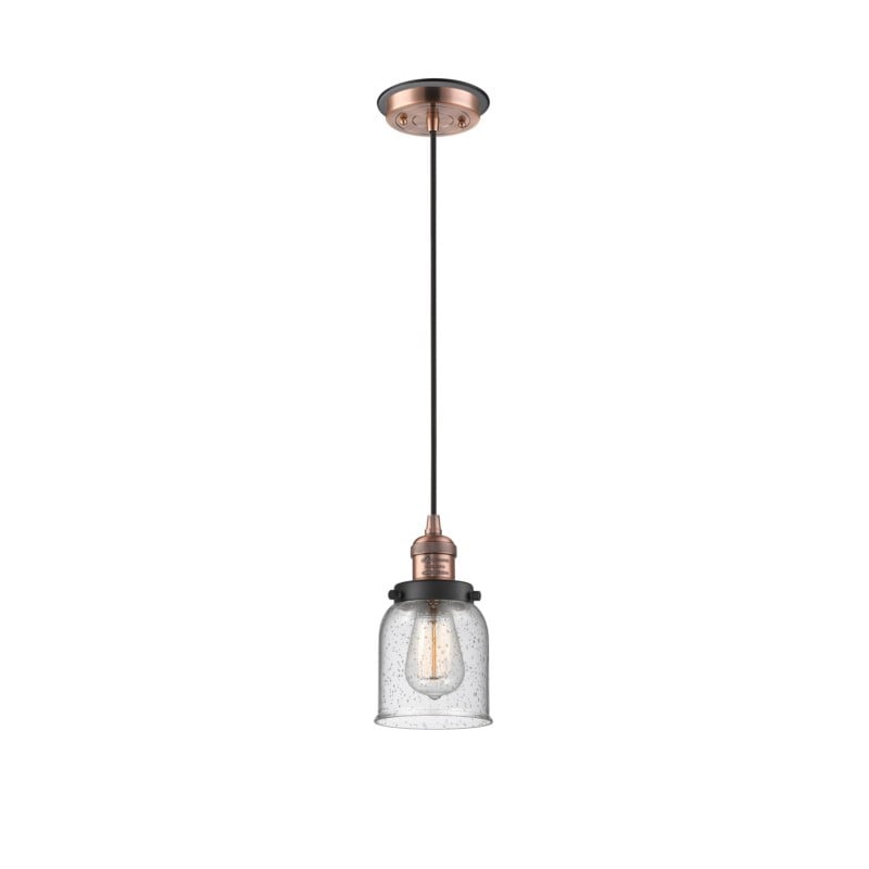 INNOVATIONS LIGHTING 201CBP-ACBK-G54 FRANKLIN RESTORATION SMALL BELL 1 LIGHT 5 INCH SEEDY GLASS INCANDESCENT MINI PENDANT - ANTIQUE COPPER/MATTE BLACK