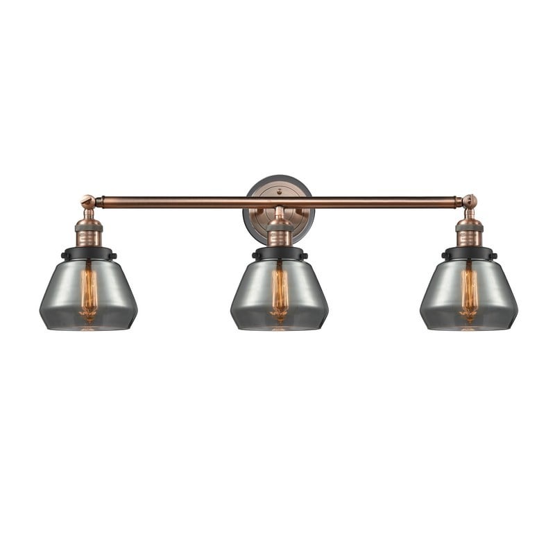 INNOVATIONS LIGHTING 205BP-ACBK-G173 FRANKLIN RESTORATION FULTON 3 LIGHT 30 INCH PLATED SMOKE GLASS VANITY LIGHT - ANTIQUE COPPER/MATTE BLACK