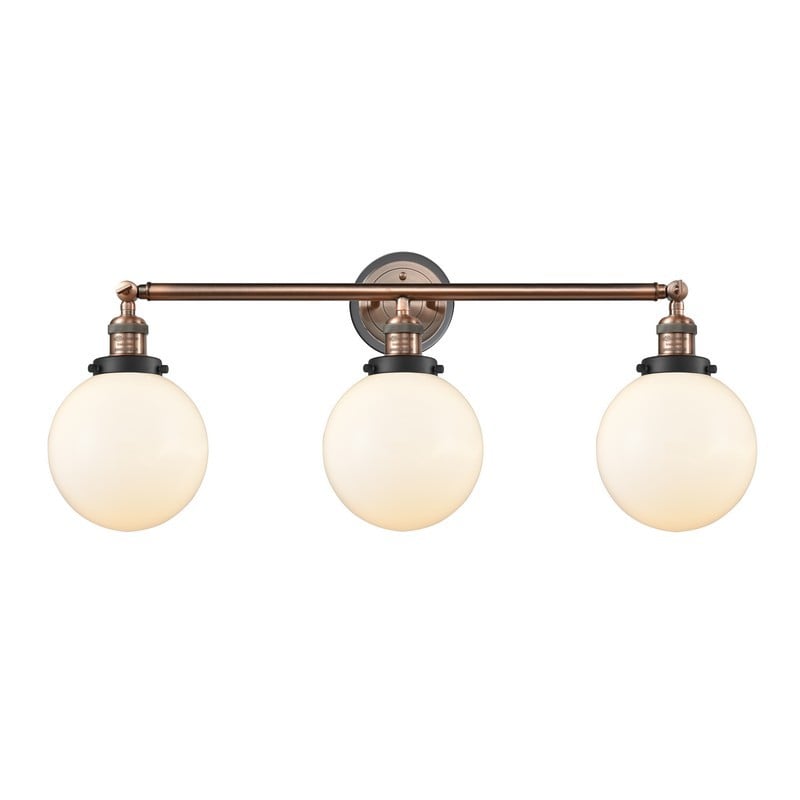 INNOVATIONS LIGHTING 205BP-ACBK-G201-8 FRANKLIN RESTORATION LARGE BEACON 3 LIGHT 32 INCH MATTE WHITE GLASS VANITY LIGHT - ANTIQUE COPPER/MATTE BLACK