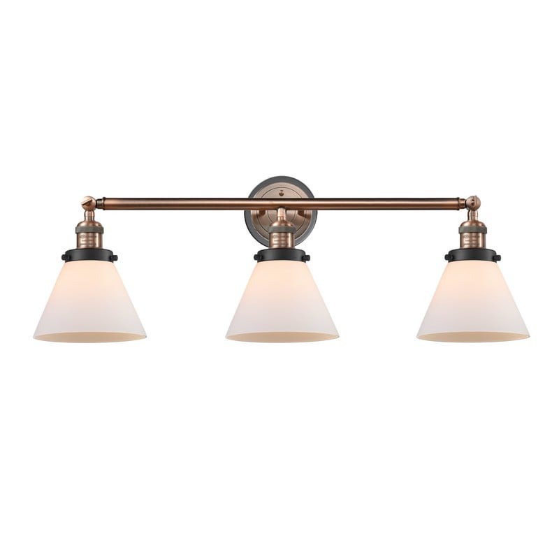 INNOVATIONS LIGHTING 205BP-ACBK-G41 FRANKLIN RESTORATION LARGE CONE 3 LIGHT 32 INCH MATTE WHITE GLASS VANITY LIGHT - ANTIQUE COPPER/MATTE BLACK