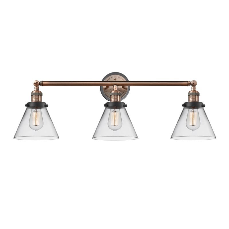 INNOVATIONS LIGHTING 205BP-ACBK-G42 FRANKLIN RESTORATION LARGE CONE 3 LIGHT 32 INCH CLEAR GLASS VANITY LIGHT - ANTIQUE COPPER/MATTE BLACK