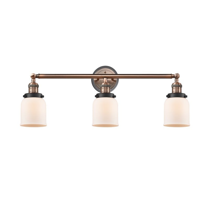 INNOVATIONS LIGHTING 205BP-ACBK-G51 FRANKLIN RESTORATION SMALL BELL 3 LIGHT 30 INCH MATTE WHITE GLASS VANITY LIGHT - ANTIQUE COPPER/MATTE BLACK