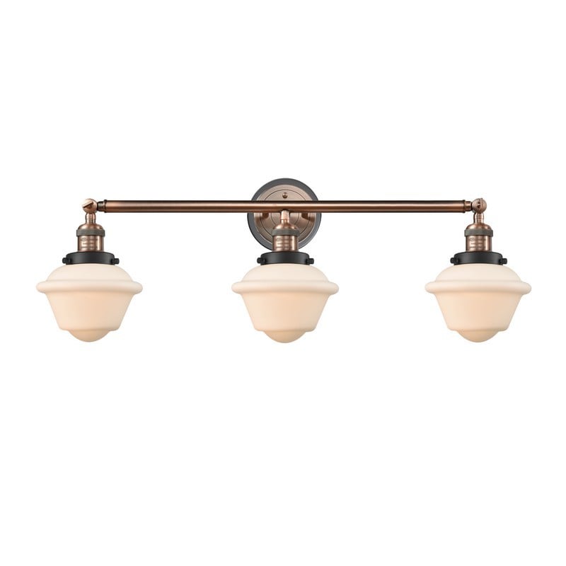 INNOVATIONS LIGHTING 205BP-ACBK-G531 FRANKLIN RESTORATION SMALL OXFORD 3 LIGHT 34 INCH MATTE WHITE GLASS VANITY LIGHT - ANTIQUE COPPER/MATTE BLACK