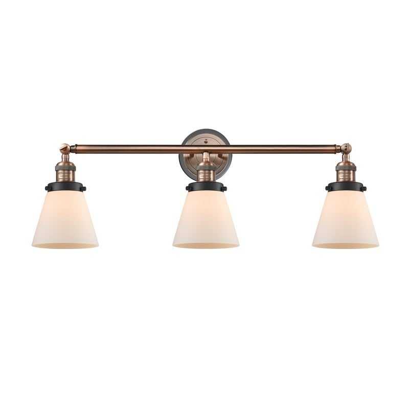 INNOVATIONS LIGHTING 205BP-ACBK-G61 FRANKLIN RESTORATION SMALL CONE 3 LIGHT 30 INCH MATTE WHITE GLASS VANITY LIGHT - ANTIQUE COPPER/MATTE BLACK