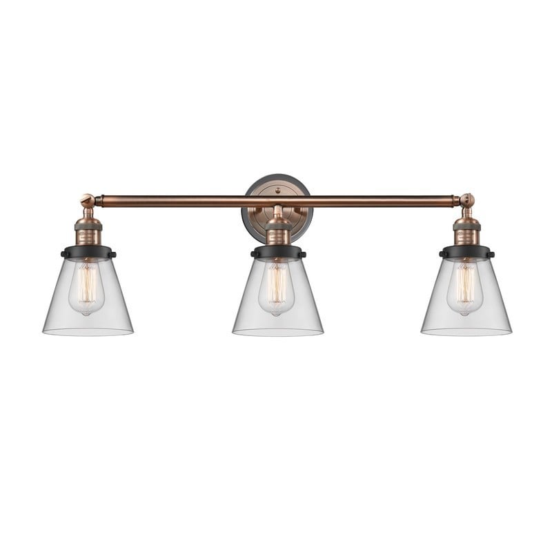 INNOVATIONS LIGHTING 205BP-ACBK-G62 FRANKLIN RESTORATION SMALL CONE 3 LIGHT 30 INCH CLEAR GLASS VANITY LIGHT - ANTIQUE COPPER/MATTE BLACK