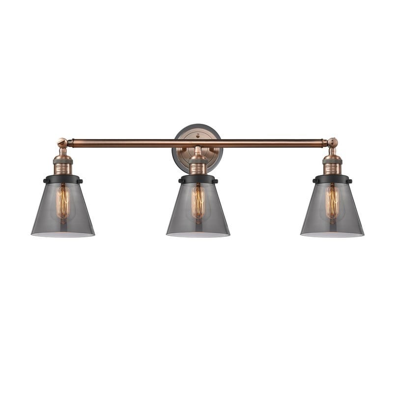 INNOVATIONS LIGHTING 205BP-ACBK-G63 FRANKLIN RESTORATION SMALL CONE 3 LIGHT 30 INCH PLATED SMOKE GLASS VANITY LIGHT - ANTIQUE COPPER/MATTE BLACK