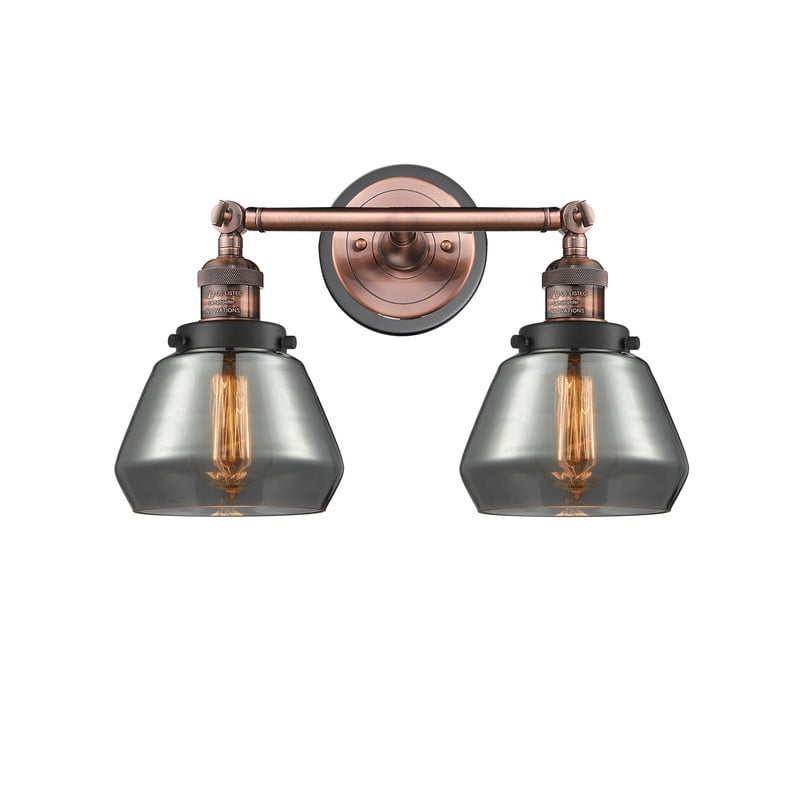 INNOVATIONS LIGHTING 208BP-ACBK-G173 FRANKLIN RESTORATION FULTON 2 LIGHT 16 1/2 INCH PLATED SMOKE GLASS VANITY LIGHT - ANTIQUE COPPER/MATTE BLACK