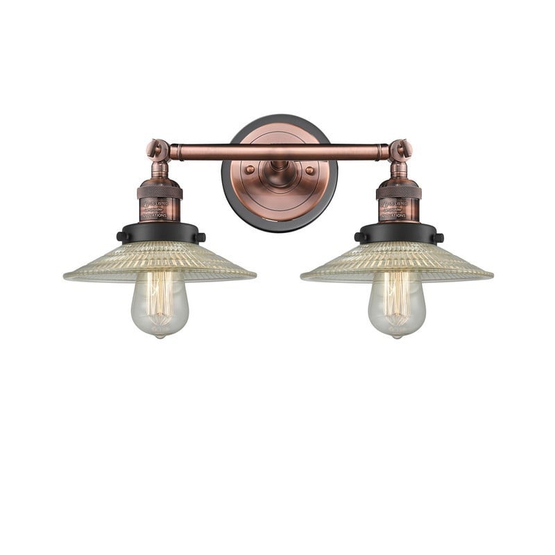 INNOVATIONS LIGHTING 208BP-ACBK-G2 FRANKLIN RESTORATION HALOPHANE 2 LIGHT 18 INCH CLEAR GLASS VANITY LIGHT - ANTIQUE COPPER/MATTE BLACK