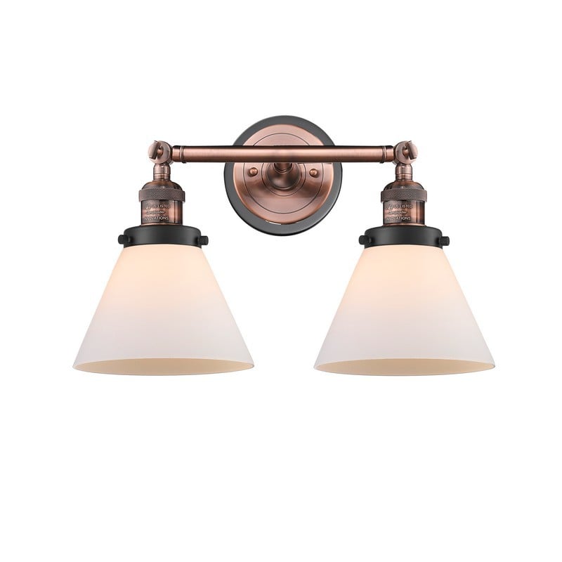 INNOVATIONS LIGHTING 208BP-ACBK-G41 FRANKLIN RESTORATION LARGE CONE 2 LIGHT 18 INCH MATTE WHITE GLASS VANITY LIGHT - ANTIQUE COPPER/MATTE BLACK