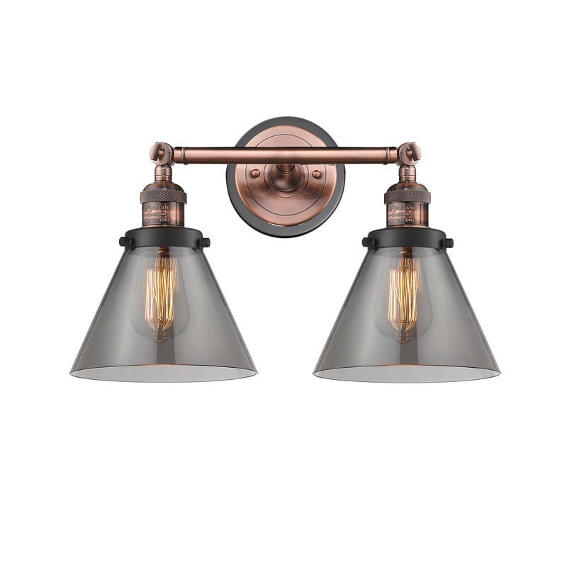 INNOVATIONS LIGHTING 208BP-ACBK-G43 FRANKLIN RESTORATION LARGE CONE 2 LIGHT 18 INCH PLATED SMOKE GLASS VANITY LIGHT - ANTIQUE COPPER/MATTE BLACK