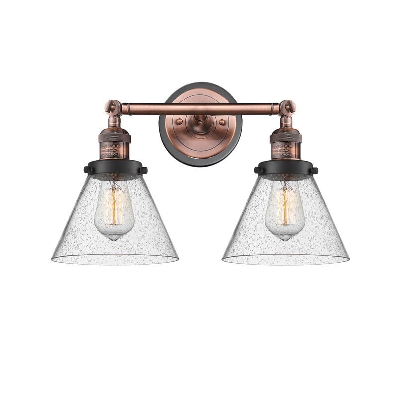 INNOVATIONS LIGHTING 208BP-ACBK-G44 FRANKLIN RESTORATION LARGE CONE 2 LIGHT 18 INCH SEEDY GLASS VANITY LIGHT - ANTIQUE COPPER/MATTE BLACK