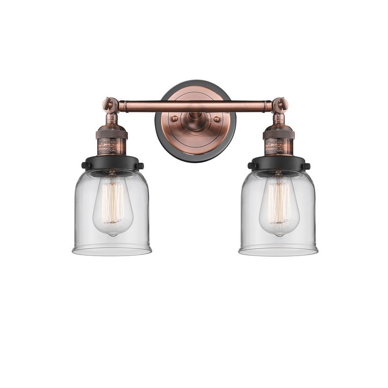 INNOVATIONS LIGHTING 208BP-ACBK-G52 FRANKLIN RESTORATION SMALL BELL 2 LIGHT 16 INCH CLEAR GLASS VANITY LIGHT - ANTIQUE COPPER/MATTE BLACK