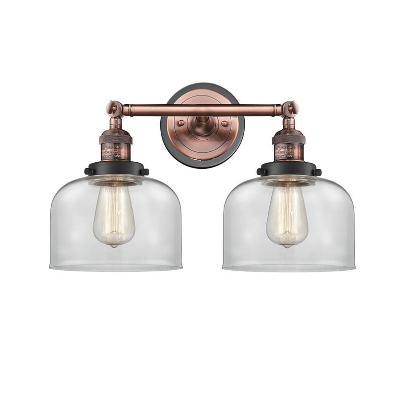 INNOVATIONS LIGHTING 208BP-ACBK-G72 FRANKLIN RESTORATION LARGE BELL 2 LIGHT 19 INCH CLEAR GLASS VANITY LIGHT - ANTIQUE COPPER/MATTE BLACK