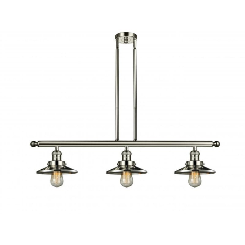 INNOVATIONS LIGHTING 213-PN-M1-LED RAILROAD FRANKLIN RESTORATION 40 1/2 INCH 3 LIGHT CEILING MOUNT ISLAND LIGHT IN POLISHED NICKEL