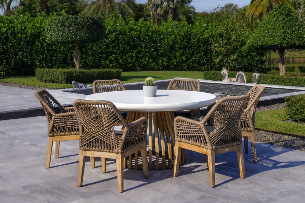 OUTSY 0AMEL-SAN-DIN-SET MELINA + SANTINO 7-PIECE OUTDOOR WOOD, ALUMINUM, ROPE AND RESIN DINING SET