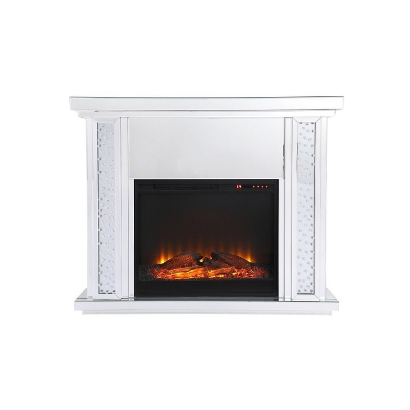 ELEGANT FURNITURE LIGHTING MF9901-F1 47 1/2 INCH CRYSTAL MIRRORED MANTLE WITH WOOD LOG INSERT FIREPLACE - CLEAR