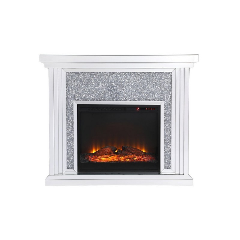 ELEGANT FURNITURE LIGHTING MF9902-F1 47 1/2 INCH CRYSTAL MIRRORED MANTLE WITH WOOD LOG INSERT FIREPLACE - CLEAR