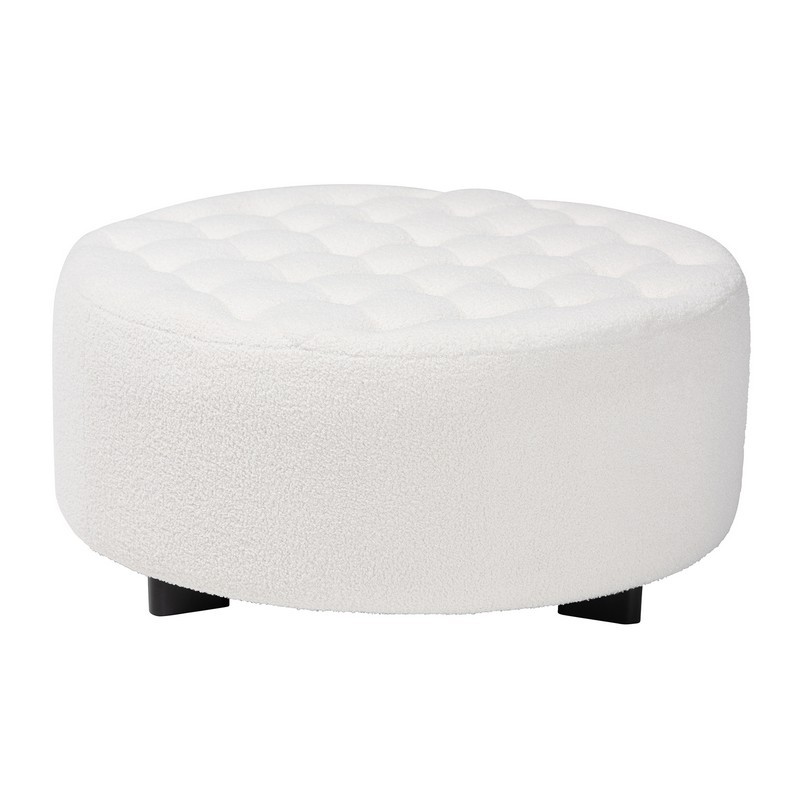 BAXTON STUDIO 2213-BEIGE-OTTOMAN ATHENA 34 2/7 INCH MODERN AND CONTEMPORARY IVORY BOUCLE UPHOLSTERED AND BLACK FINISHED WOOD ROUND OTTOMAN
