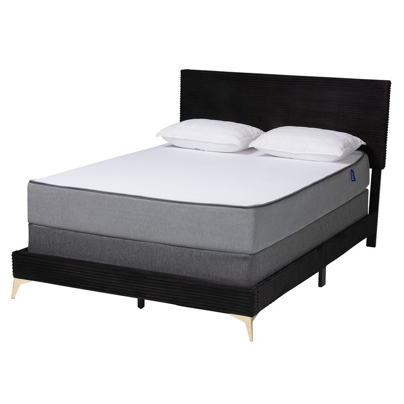 BAXTON STUDIO ABBERTON-QUEEN ABBERTON 64 2/5 INCH MODERN AND CONTEMPORARY BLACK VELVET AND GOLD METAL QUEEN SIZE PANEL BED