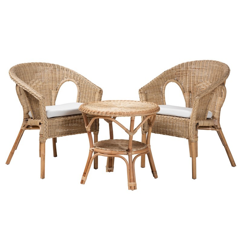BAXTON STUDIO ABBEY-RATTAN-3PC SET ABBEY 22 INCH MODERN BOHEMIAN NATURAL BROWN ANTIQUE RATTAN 3-PIECE LIVING ROOM SET - WHITE AND NATURAL BROWN