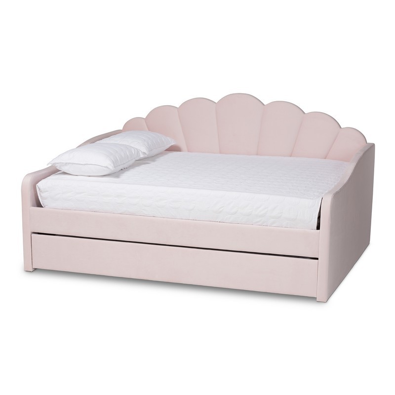 BAXTON STUDIO BBT61047T-LIGHT PINK VELVET-DAYBED-Q/T TIMILA 86 3/5 INCH MODERN AND CONTEMPORARY LIGHT PINK VELVET FABRIC UPHOLSTERED QUEEN SIZE DAYBED WITH TRUNDLE
