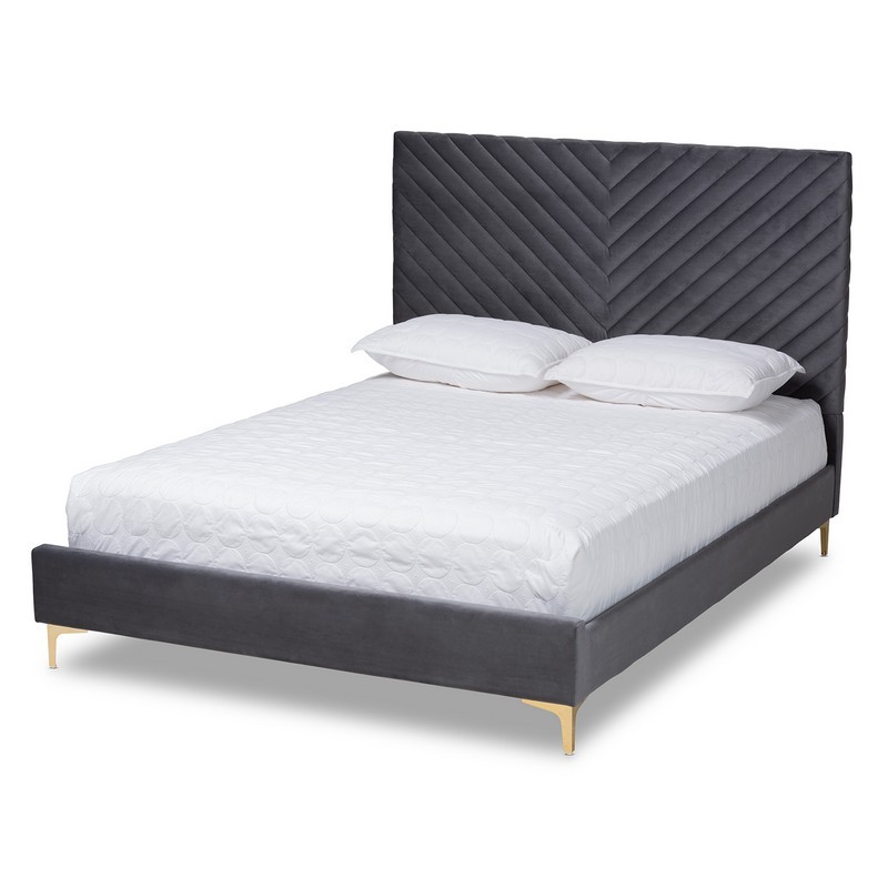 BAXTON STUDIO BBT61079-KING FABRICO 79 INCH CONTEMPORARY GLAM AND LUXE GREY VELVET FABRIC UPHOLSTERED AND GOLD METAL KING SIZE PLATFORM BED