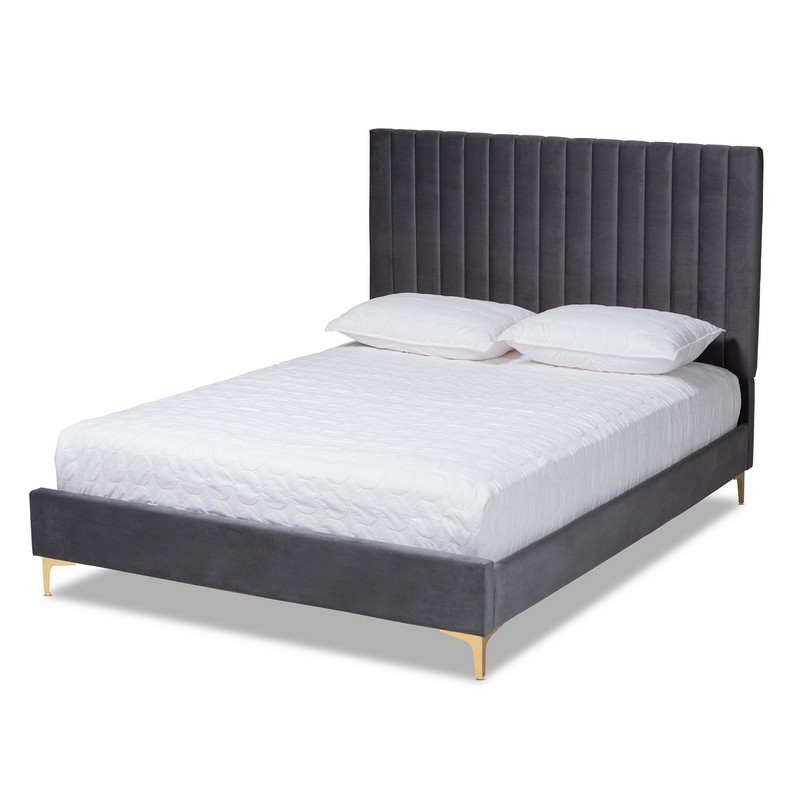 BAXTON STUDIO BBT61079.11-FULL SERRANO 56 5/7 INCH CONTEMPORARY GLAM AND LUXE GREY VELVET FABRIC UPHOLSTERED AND GOLD METAL FULL SIZE PLATFORM BED